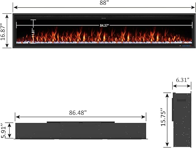 Benrocks 88'' Smart Electric Fireplace Inserts, WiFi-Enabled Recessed & Wall Mounted Fireplace, 13 * 13 * 3 Color Combinations, App Control Fireplace Heater, Timer, Logs & Crystals 750/1500W Black