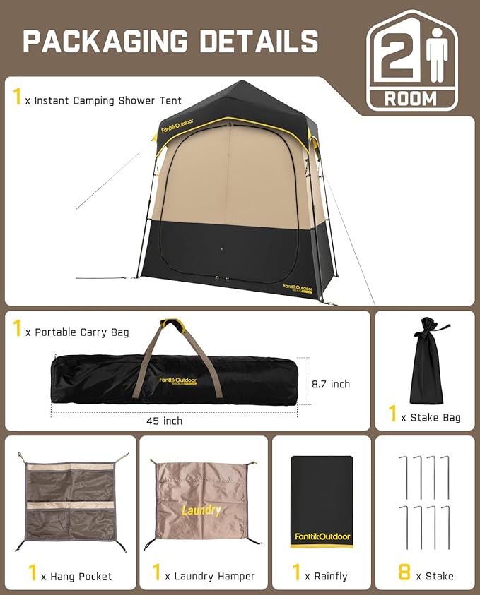 FanttikOutdoor Zeta A2 Pro Shower Tent 2 Rooms, Instant Setup in 60 Seconds with Rainfly & Windproof, Portable with Carry Bag for Family Camping, Privacy Shelters Upgraded Ventilation