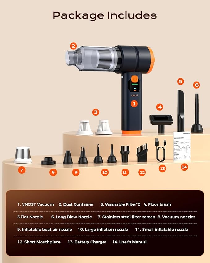 Car Vacuum Portable Cordless, Handheld Vacuum Cordless with 30000PA Suction, 130000RPM, 6800mAh Battery, 10 Nozzles, Rubber Paint Material for Car, Home, Pet Cleaning（Black Orange）