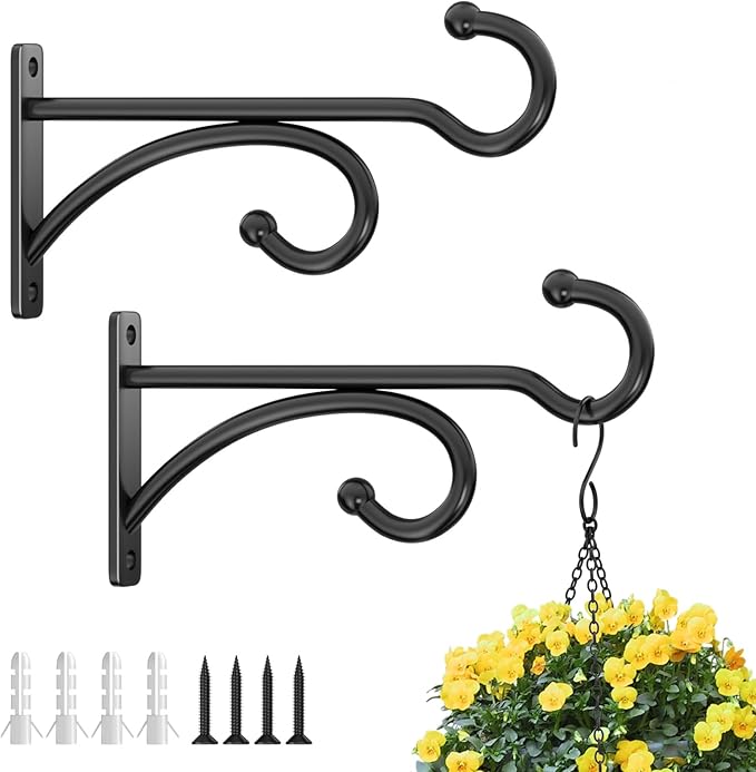 6" Plant Hanger Hooks Outdoor Indoor Planter Hooks, Wall Mounts for Hanging Plants, Baskets, Wind Chimes, Bird Feeders, Lanterns, Bird Houses (Black Metal, 2-Pack)