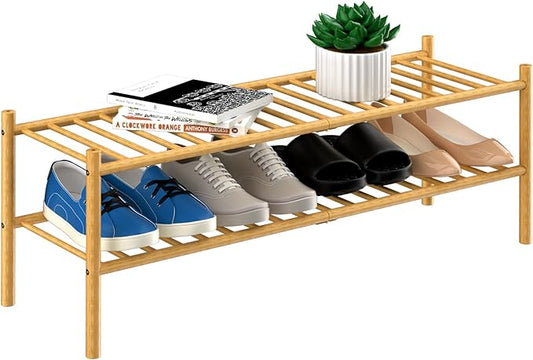 2-Tier Bamboo Long Shoe Rack, Free Standing Wood Shoe Shelf Storage Organizer for Closet Entryway Stackable 35"x11"x13" (Natural)