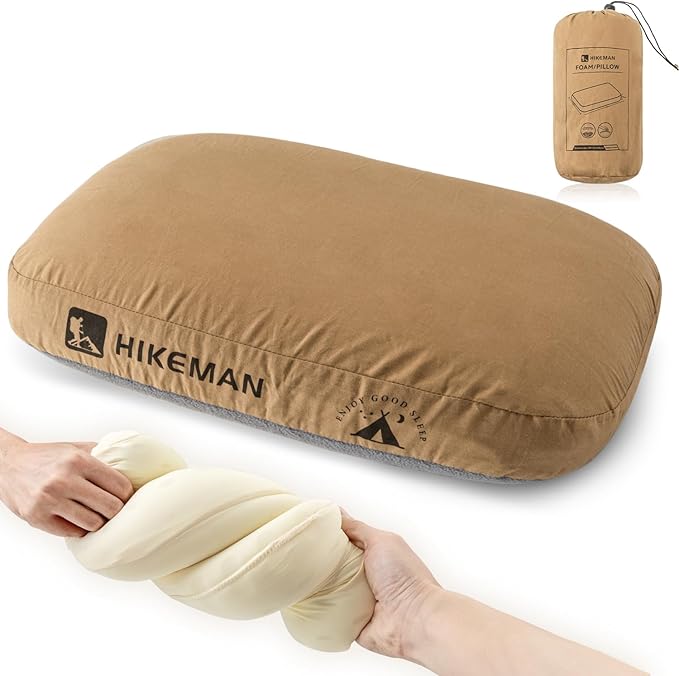 HIKEMAN Camping Memory Foam Pillow - Ultralight Travel Pillow,Backpacking Pillow with Removable Cover,Ergonomic Pillows,Neck Lumbar Support for Outdoor Camp,Sport,Hiking,Backpacking Sleep (Brown)