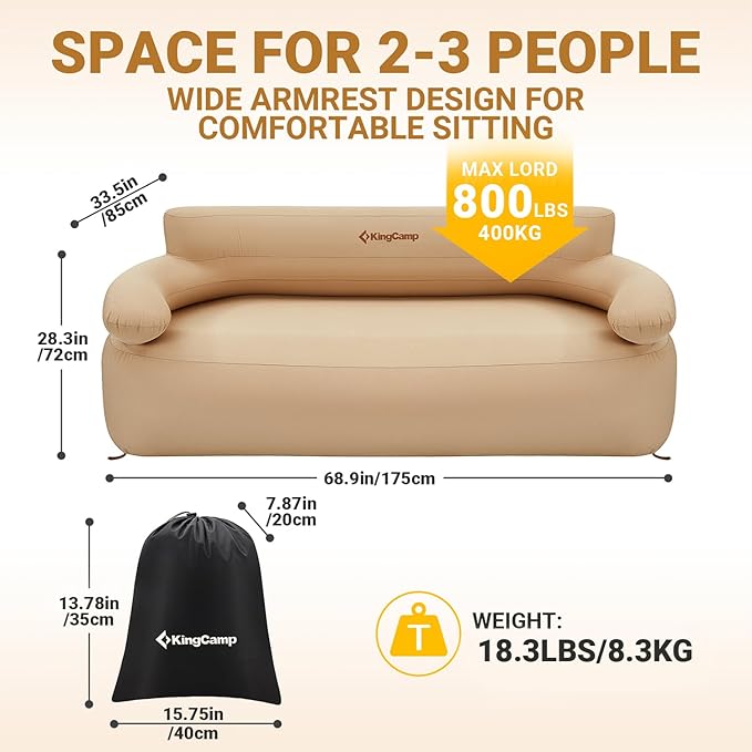 KingCamp Double Inflatable Couch for Camping, Portable Foldable Eco-Friendly Reach-Certified PVC Liner Air Lounger 2-Person Blow Up Sofa with Foot Pump, Pegs, Repair Kit & Removable Cover