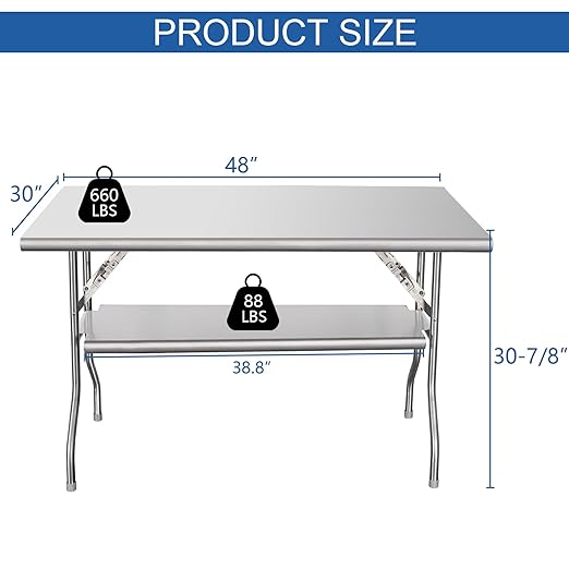 HARDURA Folding Stainless Steel Table 30X48 Inches with Adjustable Undershelf and Legs NSF Commercial Portable Folding Prep Table for Restaurant Kitchen Home and Hotel