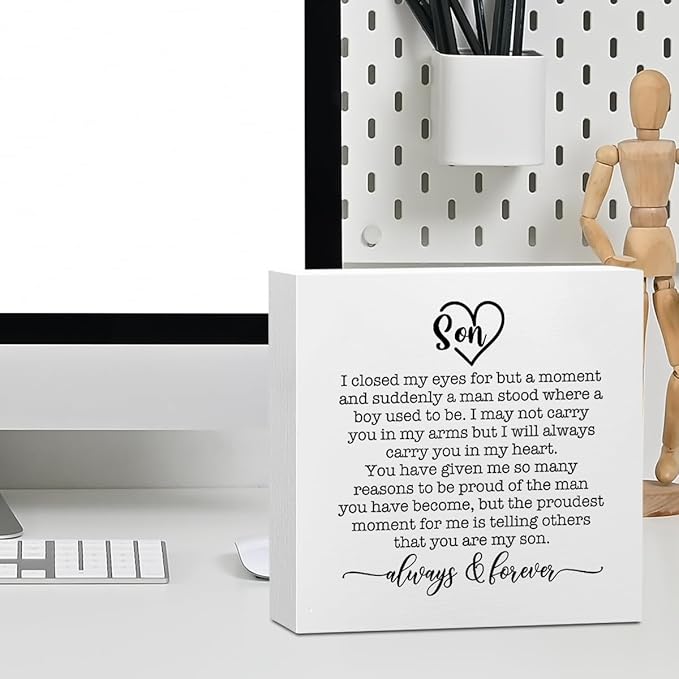 Inspirational Son Gifts from Mom Office Supplies Rustic Desk Decor Motivational Son Birthday Gifts White Wooden Box Sign Farmhouse Wood Plaque Cubicle Accessories Home Shelf Table Counter Decorations