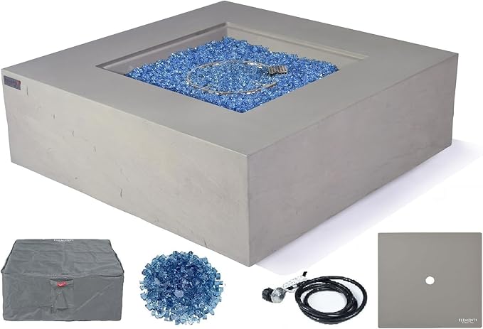 Elementi+ | Capertee Gas Fire Pit Cast Concrete 40" Square Fire Table, Outdoor Fire Pit Electronic Ignition | Canvas Cover, Fire Glass and Burner Lid Included | Light Gray | Propane Gas