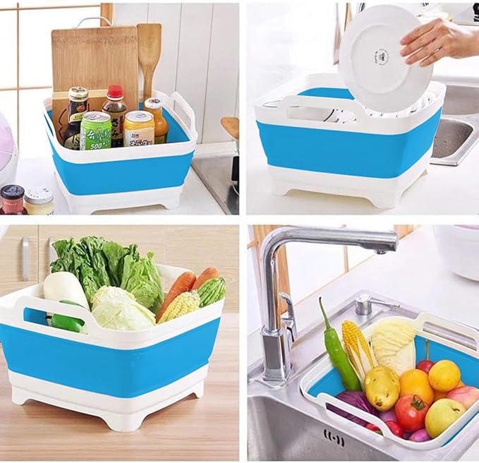 9L (2.4Gallon) Dish Basin Collapsible with Drain Plug Carry Handles , Space Saveing Kitchen Storage Tray Dish Wash Basin, Portable Dish Tub for Camping ,RV,Blue