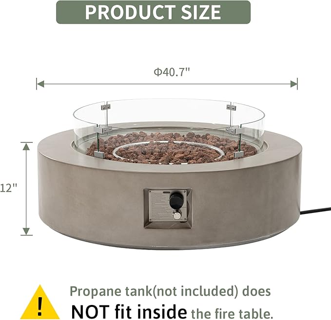 COSIEST Outdoor Propane Fire Pit Coffee Table w Gray 42 inch Round Base Patio Heater, CSA Certified, 50,000 BTU Stainless Steel Burner, Wind Guard, Tank Outside, Free Lava Rocks, Waterproof Cover