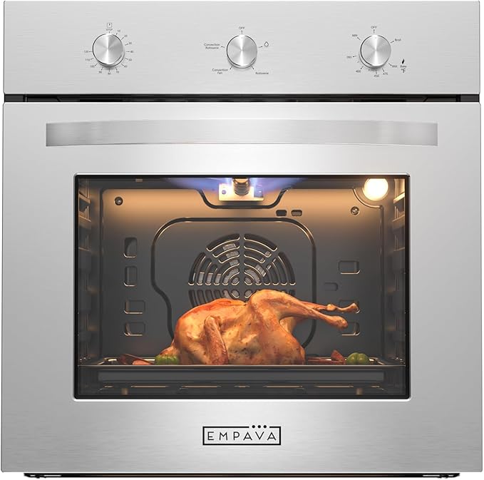 Empava 24 inch Built-In Gas Single Wall Oven with Convection and Rotisserie 5 Cooking Modes, Knob Control, Stainless Steel