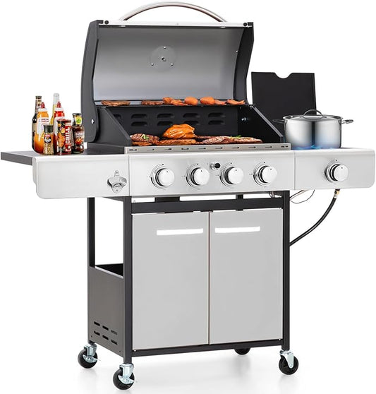 GREEN PARTY 4 Burner BBQ Propane Gas Grill with Side Burner & Porcelain-Enameled Cast Iron Grates, 545 SQIN Grilling Area 42,000 BTUs Barbecue Grill for Outdoor Cooking Garden Patio Backyard, Silver