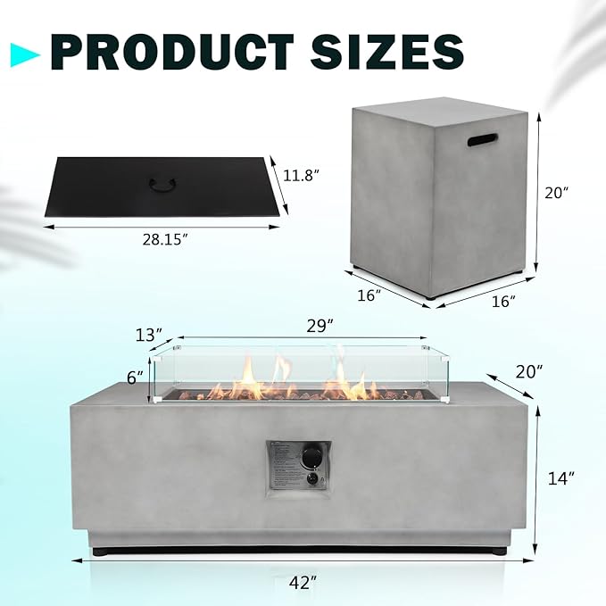 42" Rectangular Propane Fire Pit – 3-Piece 50,000 BTU Concrete Fire Pit with Glass Wind Guard and Tank Cover Table – Outdoor Firepits – Gas Fireplace for Deck or Patio