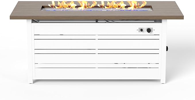 56 Inch Gas Fire Pit Table, 50,000 BTU Propane Pits for Outside with Removable Lid and Glass Fire Rocks, 2 in 1 Firepit Table Gatherings Parties on Patio Deck Garden Backyard, White