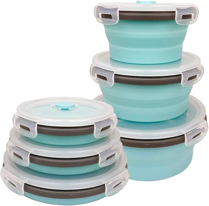 CARTINTS Blue Silicone Collapsible Food Storage Containers-Prep/Storage Bowls with Lids - Round Silicone Lunch Containers - Microwave and Freezer Safe Set of 3
