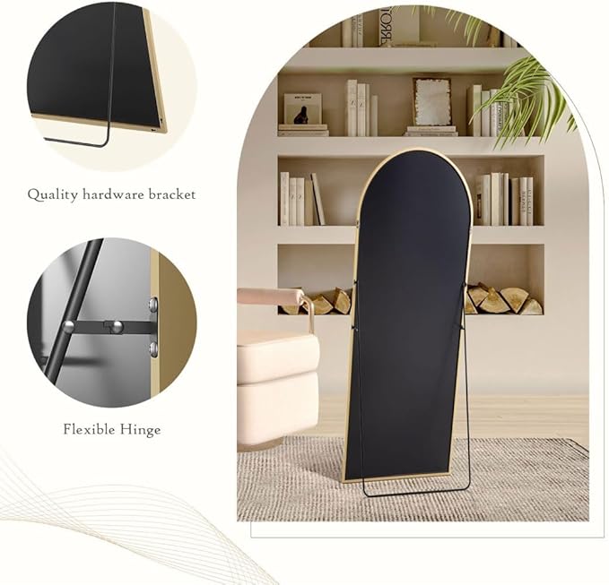 Arched Full Length Mirror, 64"x 21" Floor Mirror with Aluminum Alloy Thin Frame, Full Body Mirror Hanging or Leaning for Wall Bedroom Dressing Mirror Home Decor, Gold