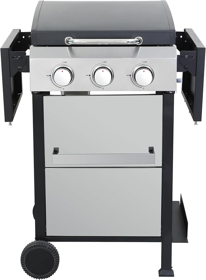 3-Burner Propane Gas BBQ Grill, SS Plancha, 36900BTU Output With Wire Enamel Cooking Grids For Outdoor Barbecue,Stainless Steel Foldable Side Table,Hanging Basket,Black Silver