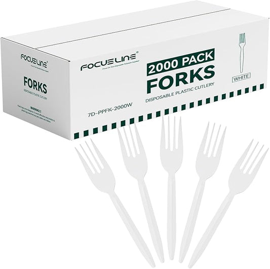 FOCUSLINE 2000 Pack White Plastic Forks Bulk, Heat Resistant Disposable Forks, Plastic Silverware for Take out Restaurants, Parties, Picnics, Travel & Any Events