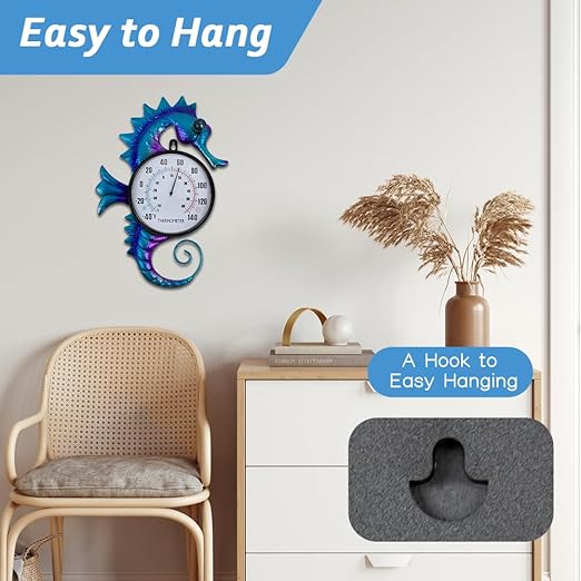 14" Seahorse Shape Outdoor Thermometer, Indoor Wall-Mounted Thermometer No Need Battery, Easy to Read for Patio Garden Living Room Decor