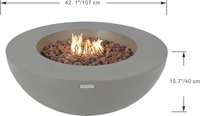 Elementi Lunar Bowl Cast Concrete Fire Table, Outdoor Fire Pit Fire TablePatio Furniture, Light Gray (Liquid Propane Gas)