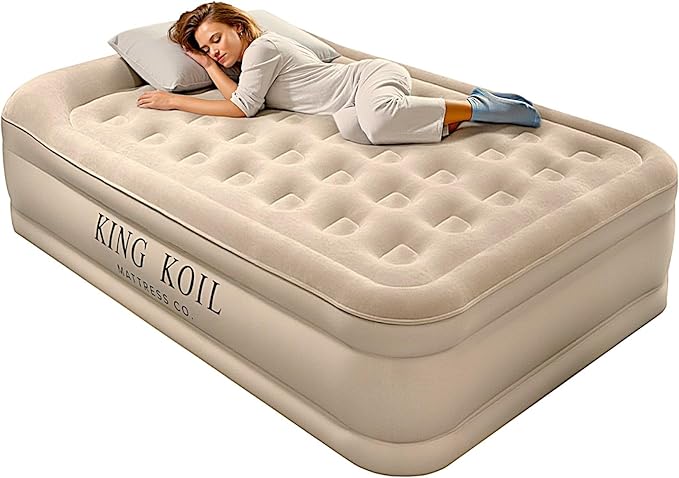 King Koil Luxury Air Mattress 20in Full Size Beige with Built-in Pump for Home, Camping & Guests-Inflatable Airbed Luxury Double High Adjustable Blow Up Mattress, Durable - Portable and Waterproof