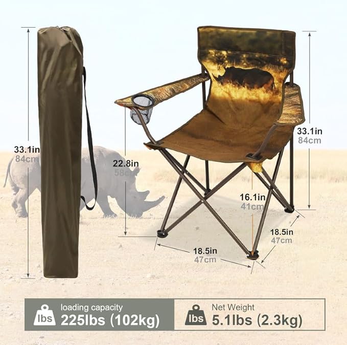 2 Pcs Animal Pattern Camping Chair,Folding Backpacking Lightweight Beach Chair w/Cup Holder,Side Pocket,Carry Bag,Portable Adults Lawn Chair for Family Outdoor,Hiking,Parties,Rhinoceros
