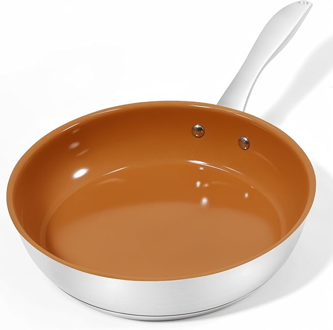 Ceramic Frying Pan, 9.5 Inch Nonstick Pan without PFAS, PTFE, or PFOA, Stainless Steel Base Ceramic Skillet for All Cooktops, Oven & Dishwasher Compatible
