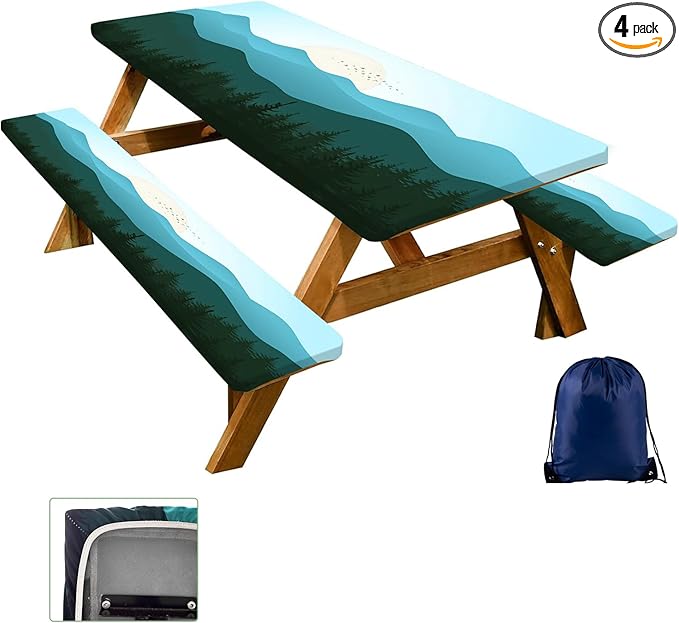 CAPSCEOLL Fitted Picnic Table Cover with Bench Covers with Elastic Waterproof Outdoor Camping Tablecloth 6 Foot Windproof Table Cloth with Drawstring Bag, 72X30in, Green Mountain
