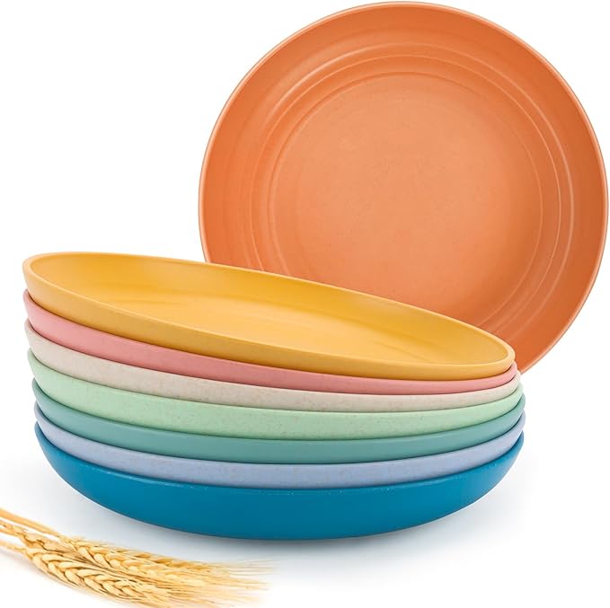 10 Inch Wheat Straw Dinner Plates Set of 8, Unbreakable Plastic Reusable Plates for Kitchen, Camping, Lightweight Deep Dinnerware Plate Set, Dishwasher and Microwave Safe Plates, Non-Toxic, BPA Free