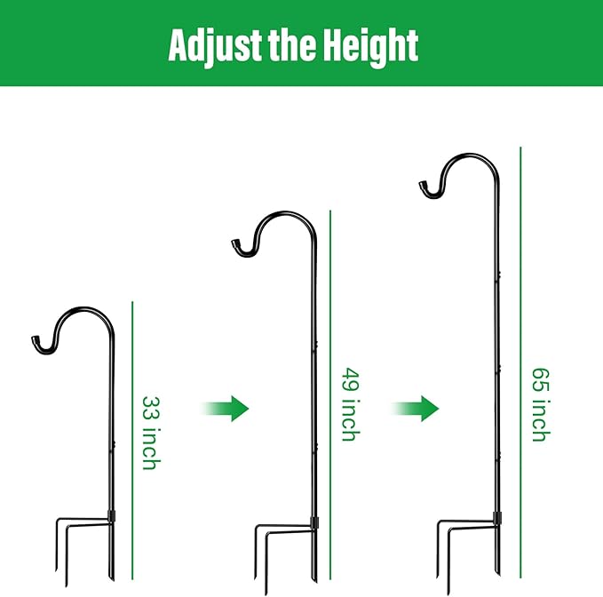 GOFORWILD Shepherd?™s Hooks 2 Pack Black, 65 inches Tall, Adjustable Garden Hook for Outdoor, Hanging Plant, Solar Lights, Lanterns, Bird Feeders, Garden Stake and Wedding Decor, 7015