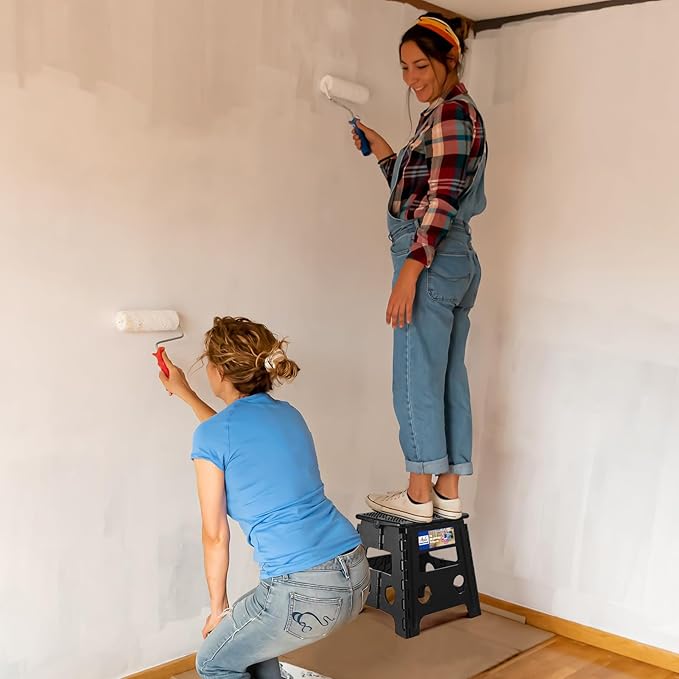 ACKO Folding Step Stool 13 inch Height Premium Heavy Duty Foldable Step Stools for Adults and Kids, Kitchen Plastic Small Collapsible Stepping Stool Hold Up to 300 LB Dot Black (1 Pack)