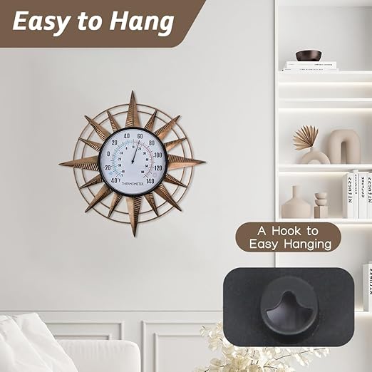 14'' Sun Outdoor Thermometer, Metal Wall-Mounted Thermometer No Need Battery, Indoor Decor for Patio Garden Living Room