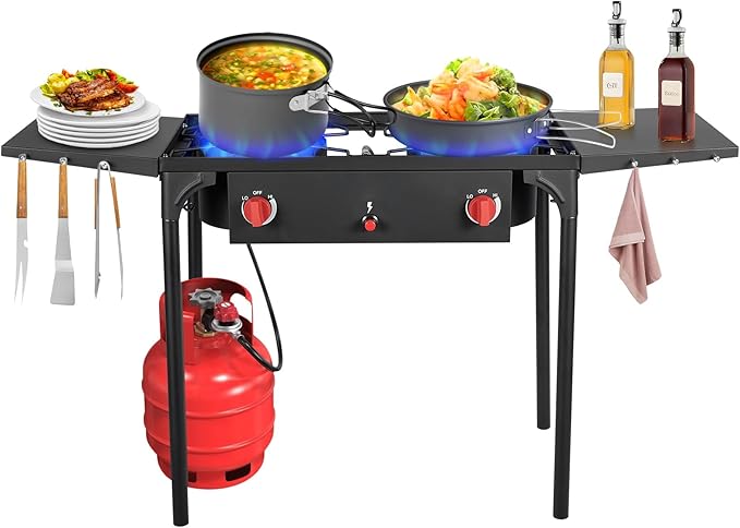 Llamaviva 2 Burner Gas Stove, Propane Outdoor Stove with Side Shelves, Auto Ignition Button, Removable Legs&Regulator, 150,000 BTU, Propane Burners for Outdoor Cooking, Camping&BBQ Cookouts