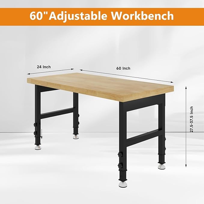 60" Work Bench, Adjustable Height Workbench, Heavy-Duty Thicker Work Table, 2000 LBS Load Capacity Workstation for Garage, Workshop, Office, Home