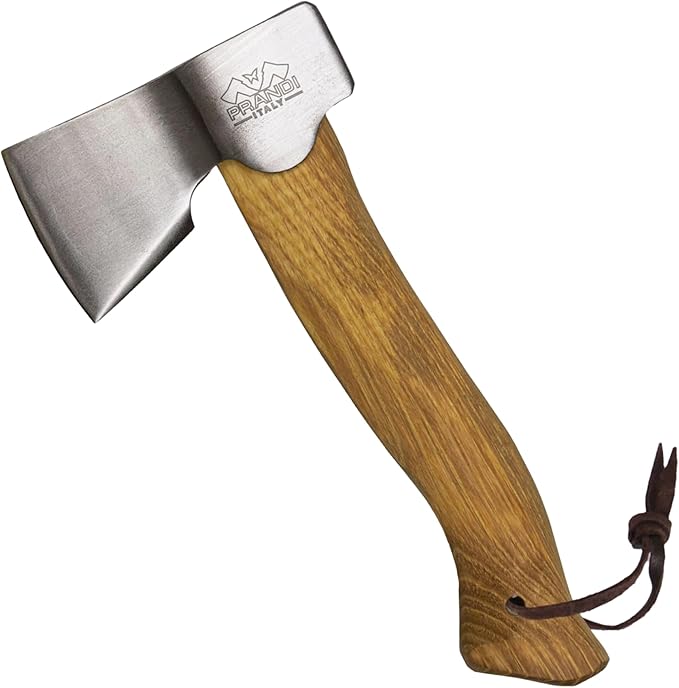 Prandi Axes Segurin C45 Forged Carbon Steel Hatchet - Hickory Handle with Leather String - Ideal for Camping, Travel and Bushcraft - S/N 3.059.04.CH - 11" L x 5.3" W, 400g Polished Head, No Sheath