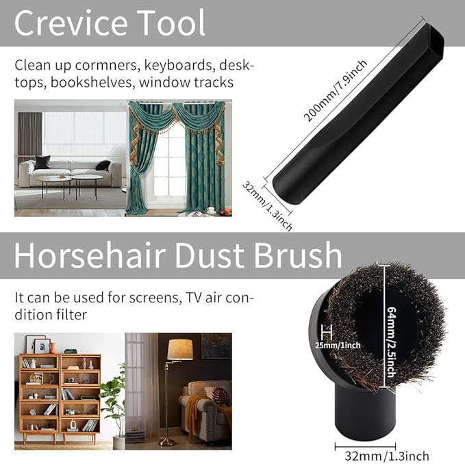 E.LUO Shop Vac Vacuum Replacement Attachments - 32mm & 35mm Dusty Brush, Air Vents, Corner & Pets Accessories