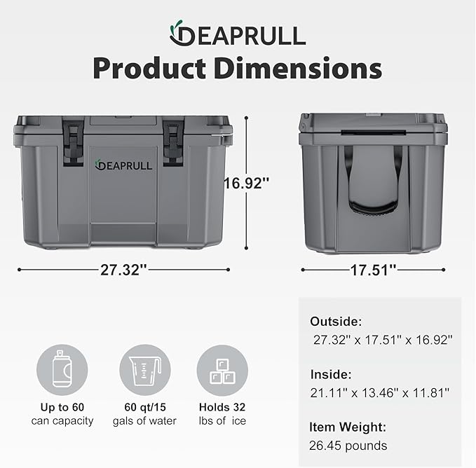Hard Cooler, Insulated Ice Chest Box Holds Ice for More Days, Portable Cooler with Handle, Cup Holders, Double Latches for Camping Drink, Beach, Picnic, Fishing, Boat, Barbecue
