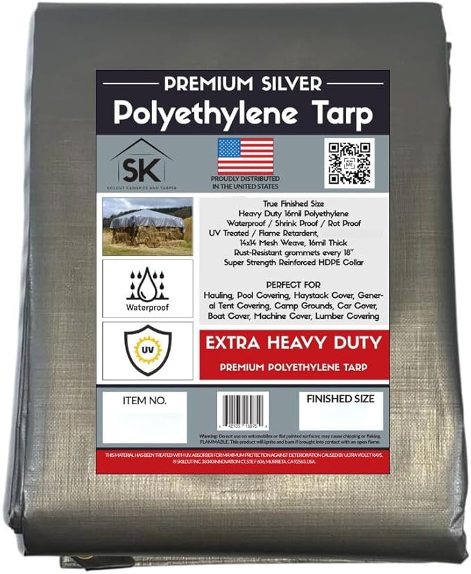 16 Mil Extra Heavy Duty Poly Tarp - Waterproof Tarp with True Size, UV Protection, Tear Resistance, Arctic Flexibility & Reinforced Corners