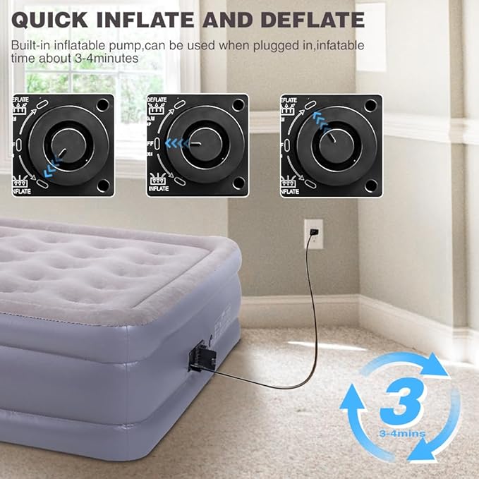 UPWELL Inflatable Air Mattress Queen with Built in Pump Comfort Blow up Bed Waterproof Fast&Easy Set up Dura Beam Strong Support Mattress for Home Guests & Camping Grey