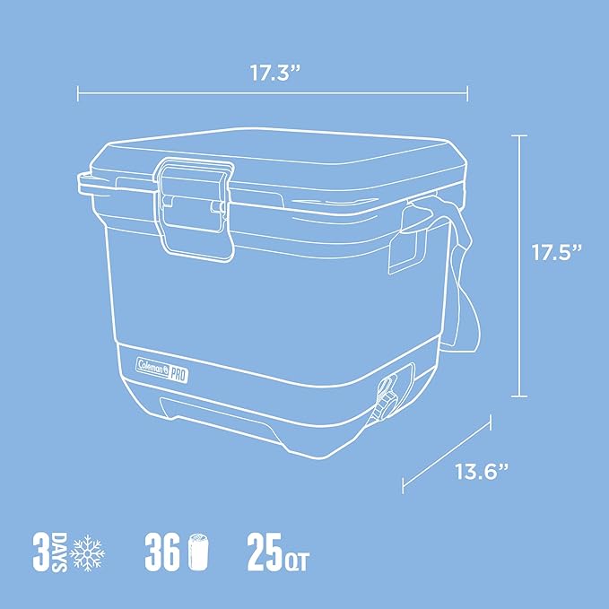 Coleman Pro Heavy-Duty, Blue Sky, 25qt Ultra-Light Premium Hard Cooler, Extra-Thick Insulation Keeps Ice up to 3 Days, 36-Can Capacity