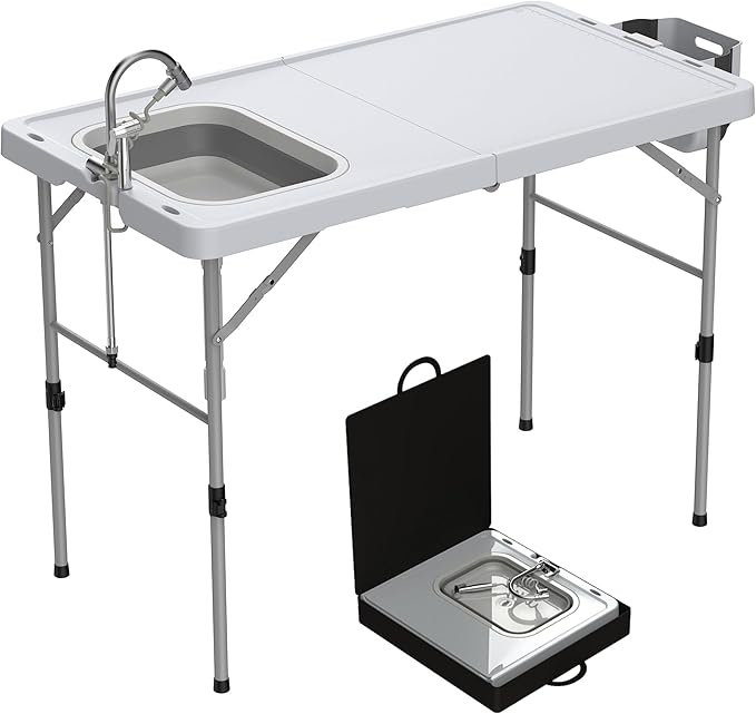 Allpop 50'' Folding Fish Cleaning Table with Foldable Sink, Fold-in-Half Portable Camping Fish Station with Foldable Faucet, Drainage Hose, Sprayer, Storage Box, Grooves & Carry Bag for Picnic, White