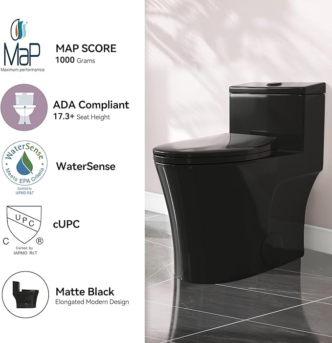 HOROW T0338WB Elongated One Piece Toilet Black, Compact Modern Toilet with Comfortable Seat Height, ADA Chair Height 17.3", Power Dual Flush 0.8/1.28 GPF & MAP 1000g, Matte Black, 12" Rough-in