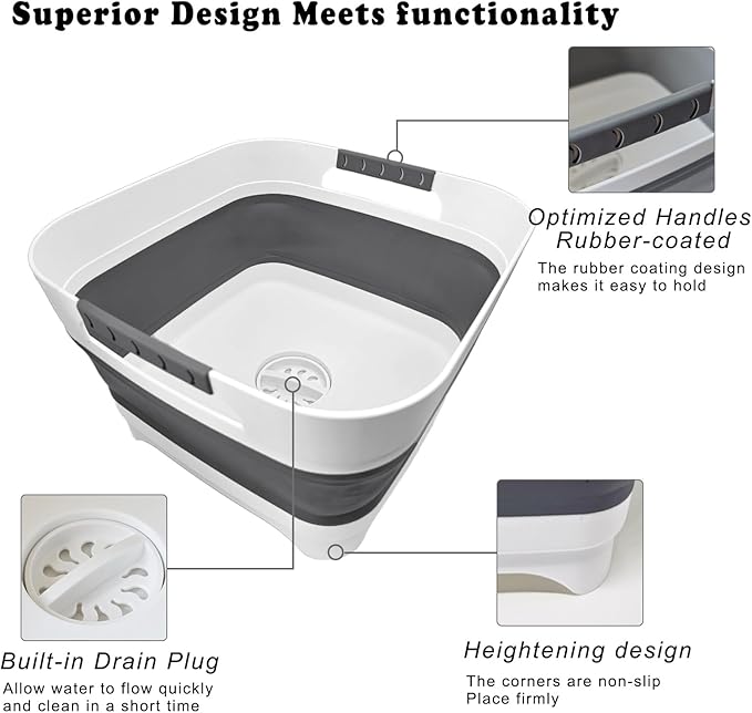 2.4 Gal (9L) Collapsible Dish Basin with 2 Drainage Plugs - Foldable Sink for Kitchen, Camping, RV | Space-Saving Multifunctional Wash Basin for Veggies, Dishes