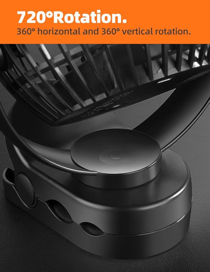 6'' Clip Fan, Portable Clamp Fans with Hanging Hook, 5000mAh Rechargeable Battery Fan, 3 Speeds, 720° Rotation, Quiet, Strong Grip Clamp, 7-30 Working Hours for Camp Stroller Bed - Black