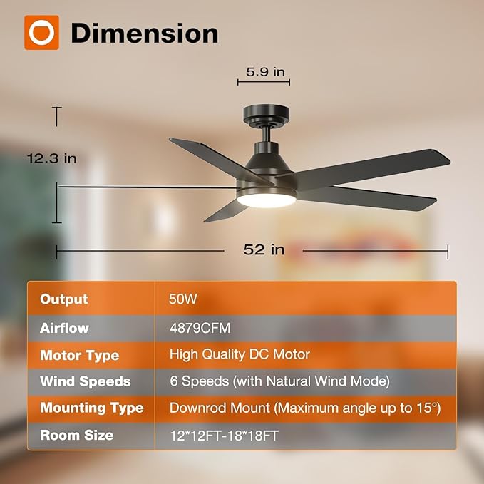 addlon Ceiling Fans with Lights, 52 inch Ceiling Fan with Light and Remote Control, Reversible, 3CCT, Dimmable, Noiseless, Black Ceiling Fan for Bedroom, Indoor/Outdoor Use