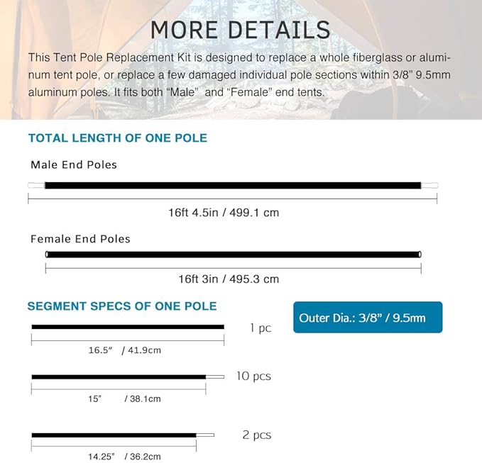 Aluminum Tent Poles Replacement, Fits Both Female and Male Ends, Lightweight Tent Pole Repair Kit, 7001 Aluminum Alloy T6 Heated