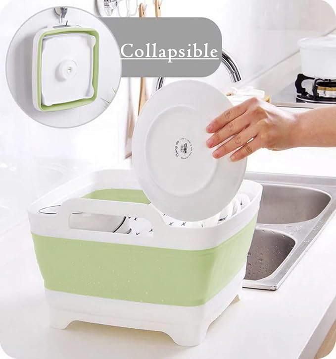 9L (2.4Gal) Dish Basin Collapsible with Drain Plug , Space Saveing Kitchen Storage Tray Dish Wash Basin, Portable Dish Tub, Foldable Dishpan for Camping ,RV,Green
