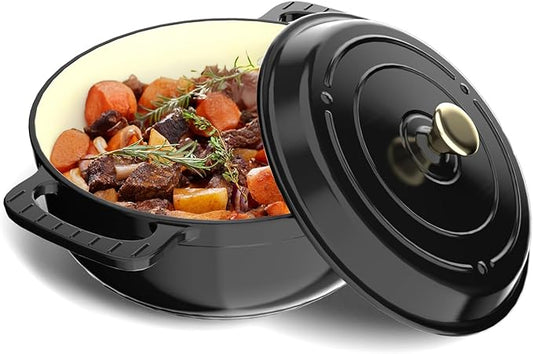BONNLO 6QT Round Dutch Oven, Enameled Cast Iron Dutch Oven Pot with Lid & Dual Handles, Oven Safe Up to 500° F, for Sourdough, Bread Baking, Stews and Roasting (Black)