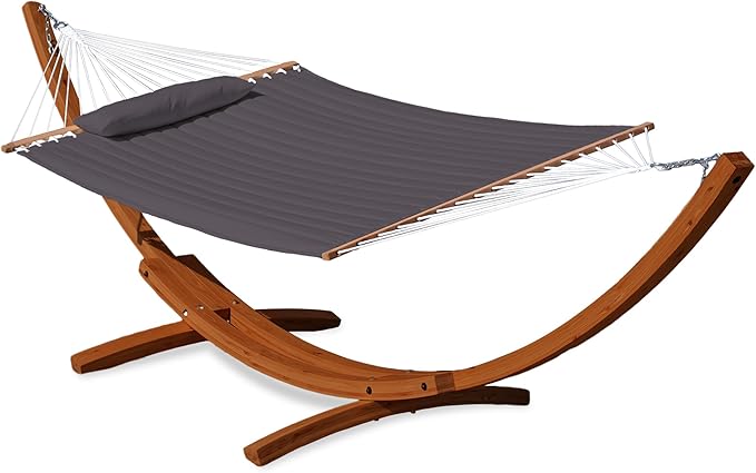 Lazy Daze Hammocks 12 FT Double Quilted Fabric Hammock and 13 FT Brown Wooden Arc Stand, with Spreader Bar, Removable Pillow, 2 Person Hammock for Outdoor Patio Poolside, 450 lb Capacity, Dark Gray