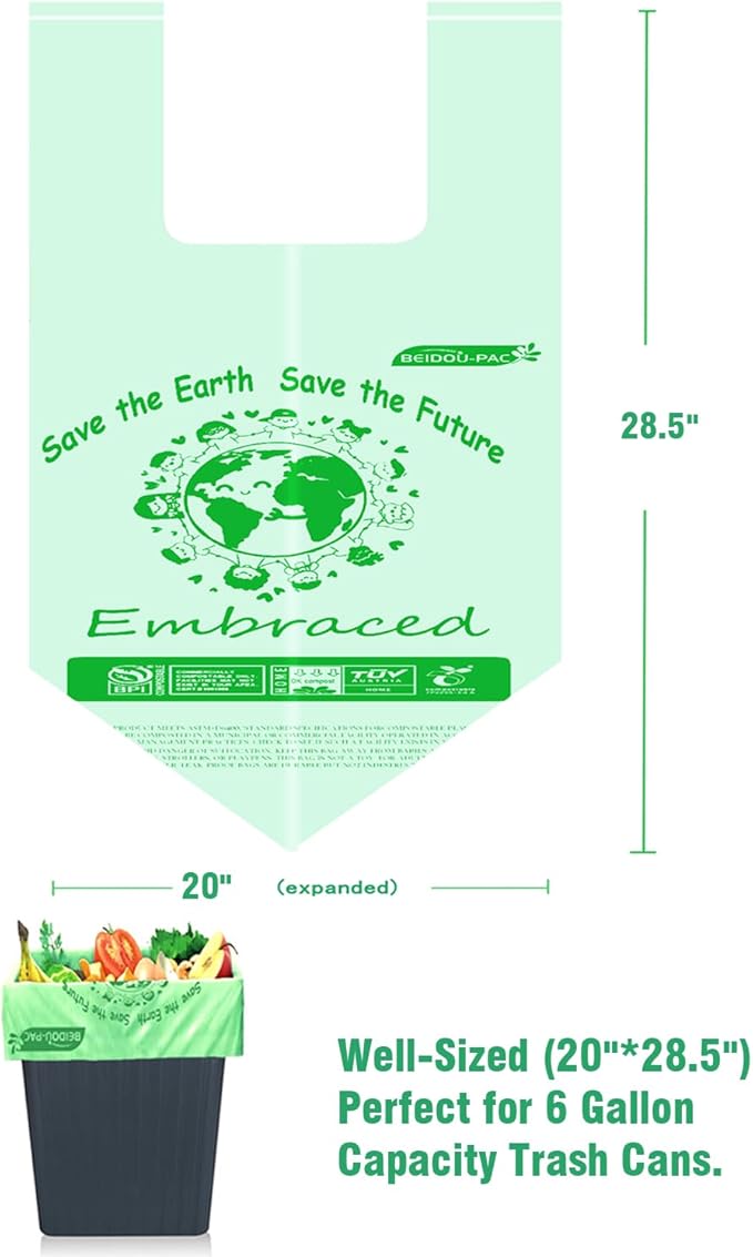 4-6 Gallon Compostable Trash Bags, 150 Count - Kitchen Trash Bags with Handle, Sturdy Biodegradable Garbage Bags for Food Scrap Waste, ASTM D6400, US BPI Certified