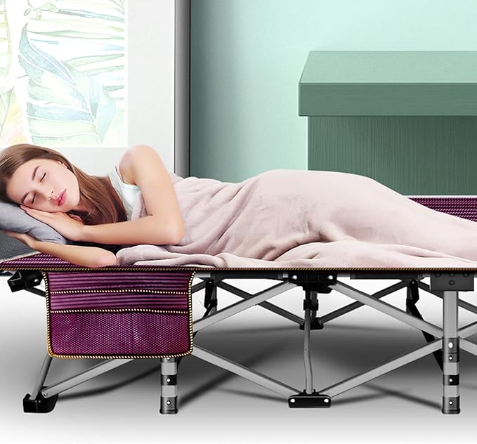 ABORON Folding Camping Cot W/Mat for Adults, Heavy Duty Outdoor Bed with Carry Bag,1200 D Layer Oxford Travel Camp Cots (1, Red Stripe with Blue Pad)