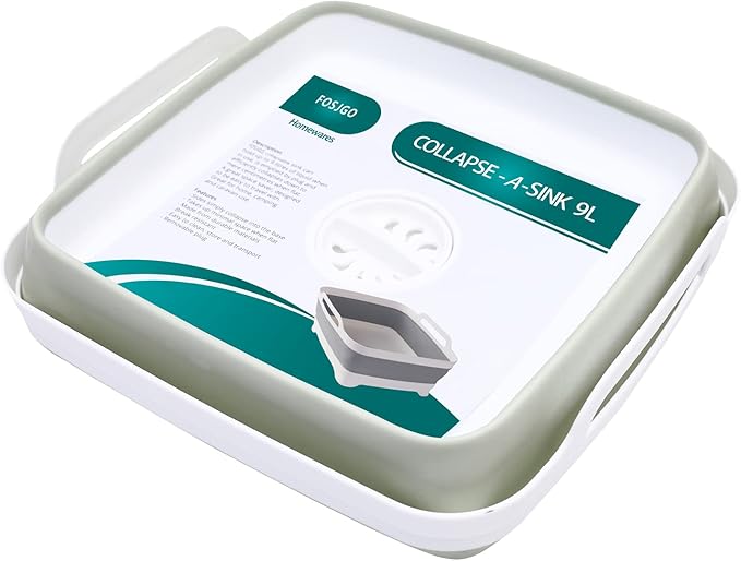 Collapsible Dish Basin with Drain Plug and Carry Handles - 9L Capacity, Portable Sink Tub for Camping and RV